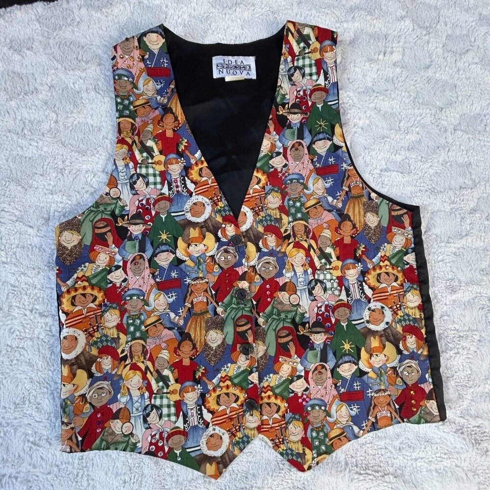 Vintage Idea Nuova Unisex V-Neck Button Vest Children of the World Medium/Large